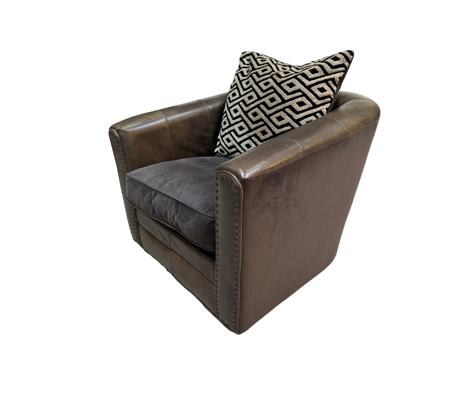 Glimmer swivel base accent tub chair in Cognac brown distressed leather & velvet