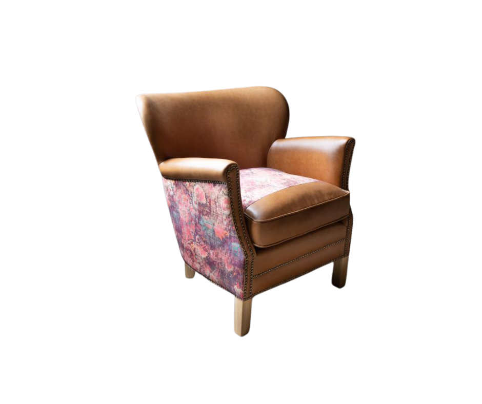 Adam small accent chair in Tan leather & Harrington printed pink velvet