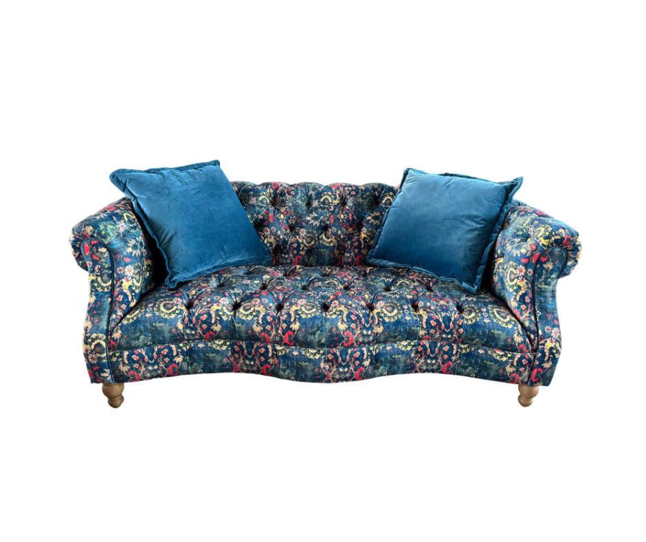 Donegal medium 2 seater Chesterfield sofa in Harrington printed blue velvet