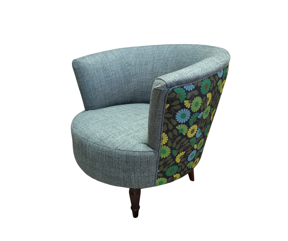 Orla Kiely Lily round tub chair in teal and multi daisy print fabric