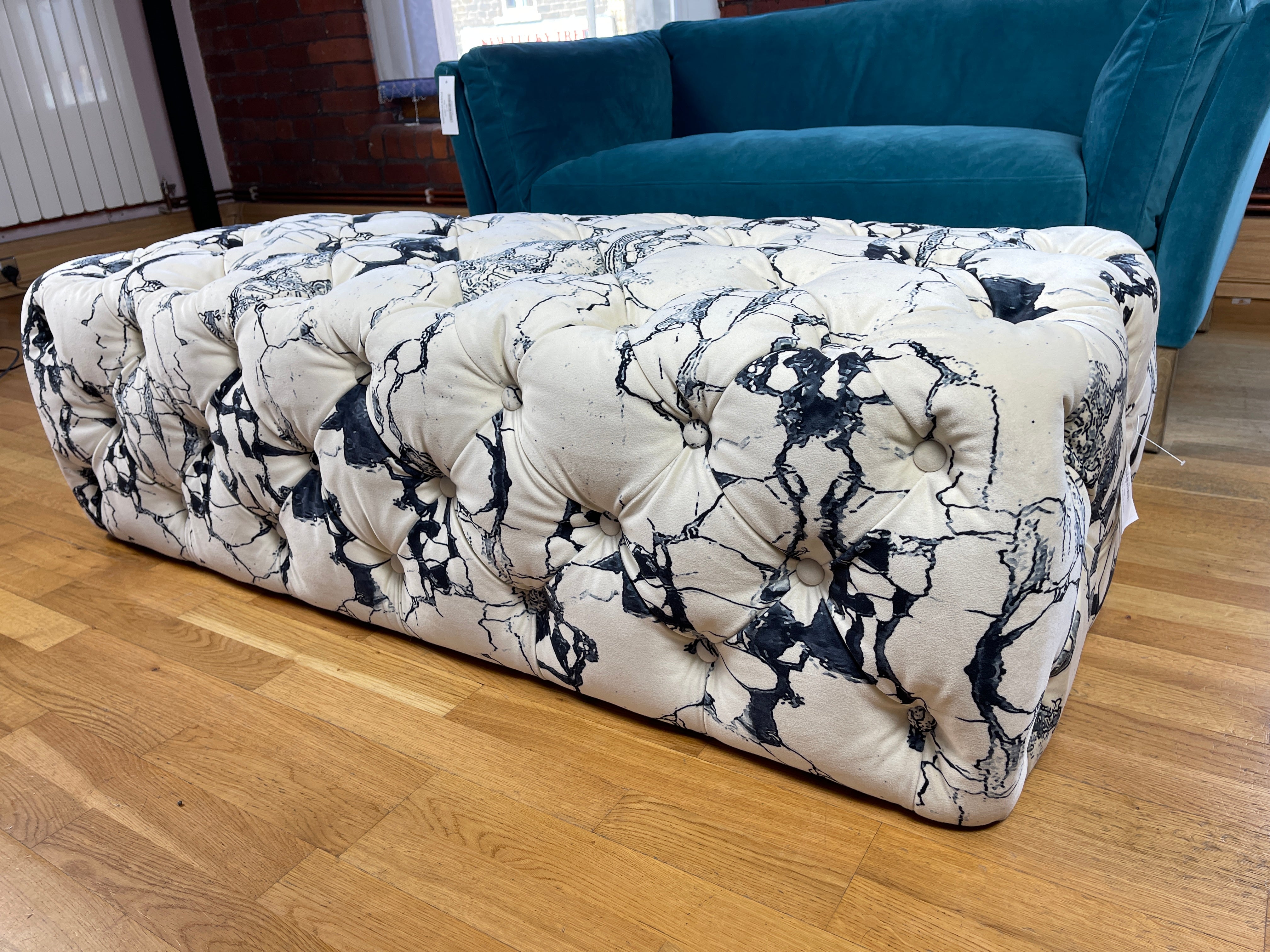SOFA WORKSHOP TUFT large button detail bench footstool in Lost in Space fabric
